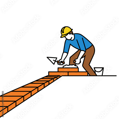 Bricklayer applying mortar and placing bricks for a new wall