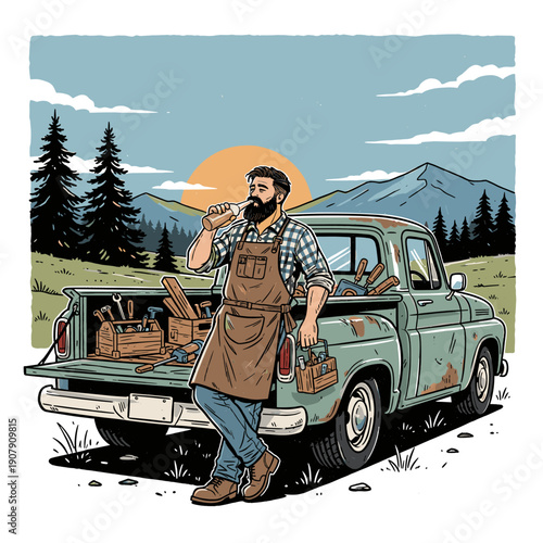 Vintage Craftsman Illustration, Bearded Man Relaxing by Rusty Pickup Truck with Tools, Retro T-Shirt Graphic Vector Design for Craft Beer Label