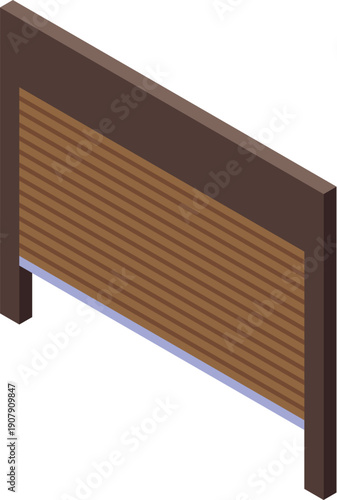 Isometric view of a brown automatic rolling shutter door, providing security and protection for a modern building
