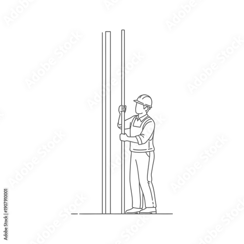 Building contractor positioning a vertical metal support column