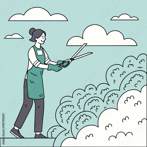 Flat Vector Illustration of a Dreamy Gardener Trimming Clouds Instead of Bushes, a Whimsical Scene Depicting Creative Control and Imagination