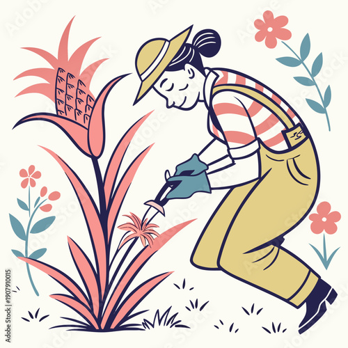 Seriously Playful Vector Art of a Gardener Trimming Air, an Absurd and Whimsical Concept Illustrating Futile Effort or Abstract Work