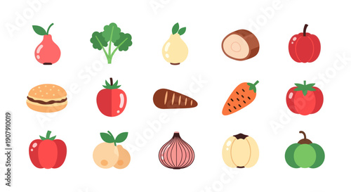 Colorful flat icon set of various food items for design and marketing