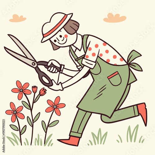 Seriously Playful Vector Art of a Gardener Trimming Nothing, an Absurd and Whimsical Concept Illustrating Invisible Work or Abstract Effort