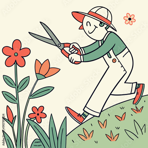 Seriously Playful Vector Art of a Gardener Trimming Nothing, an Absurd and Whimsical Concept Illustrating Invisible Work or Abstract Effort