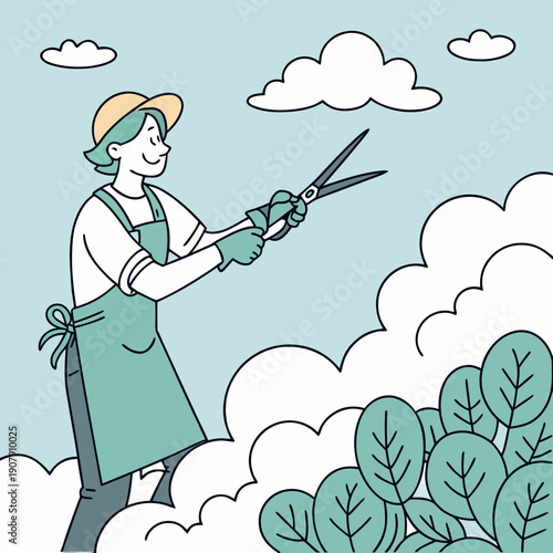 Flat Vector Illustration of a Dreamy Gardener Trimming Clouds Instead of Bushes, a Whimsical Scene Depicting Creative Control and Imagination