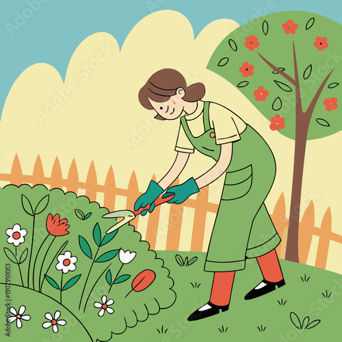 Playful Gardener Trimming Green Garden Plants into Whimsical Random Shapes, Creative Outdoor Landscaping Concept Vector Art