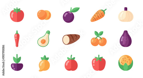 Colorful flat icon set of various fruits and vegetables isolated
