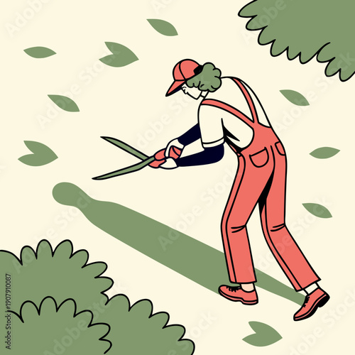 Surreal Flat Design Gardener Trimming Elusive Shadows Instead of Plants, Abstract Optical Illusion Concept Vector Art