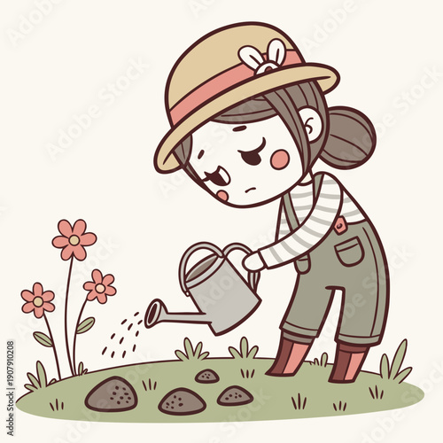 Cute Gardener Seriously Watering Unresponsive Rocks with a Watering Can, Humorous and Absurd Effort Vector Illustration