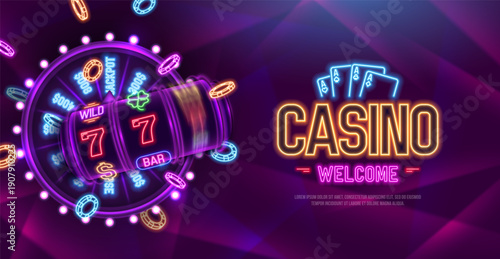 Neon Casino banner with slot machine, wheel of fortune and chips. Vector illustration.