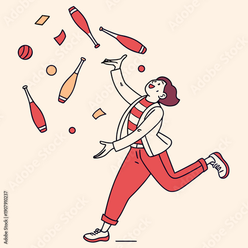 Playful Juggler Dropping Objects in Perfect Chaotic Disarray, a Humorous Flat Vector Illustration.