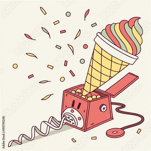 Joyful Scientist with a Whimsical Failed Invention Collapsing Harmlessly in a Flat Vector Illustration.