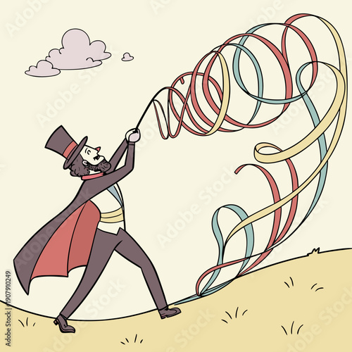 Whimsical Magician Tangled in an Endless Stream of Colorful Ribbons from a Failed Magic Trick.