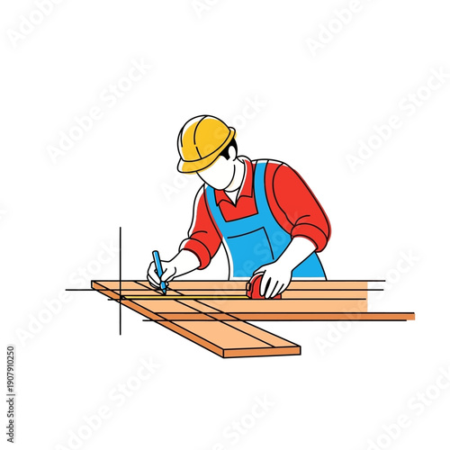 Carpenter measuring wooden planks with tape measure