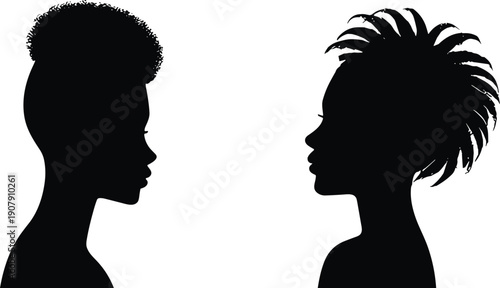Two black silhouettes of young women in profile view featuring trendy hairstyles with curls and spiky texture isolated on white