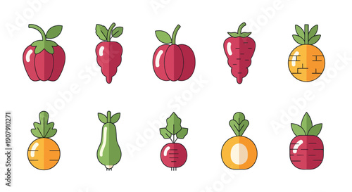 Colorful vector illustrations of various fresh vegetable icons isolated