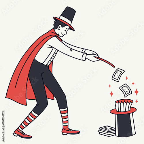Humorous Magician Pulling an Endless Chain of Socks from a Hat in a Flat Vector Illustration.