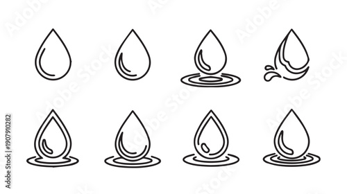 Water Drop Icons Showing Splashing and Ripples, Line Art Style