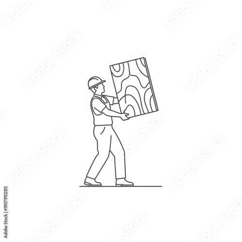 Carpenter transporting large wooden panel at construction site