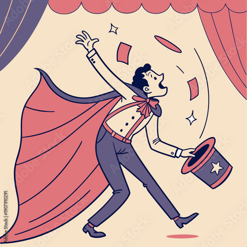 Whimsical Magician Caught and Tangled in His Own Flowing Cape During a Magical Performance.