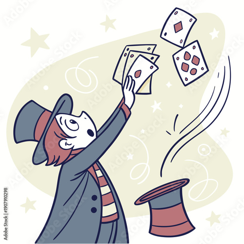 Whimsical Magician Struggling with a Card Trick as All His Playing Cards Stick Together.