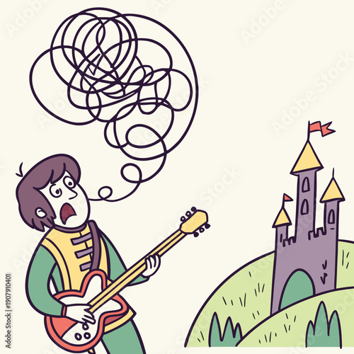 Whimsical Musician Frustrated as Guitar Strings Snap and Twist into Tangled Knots, a Playful Music Problem.