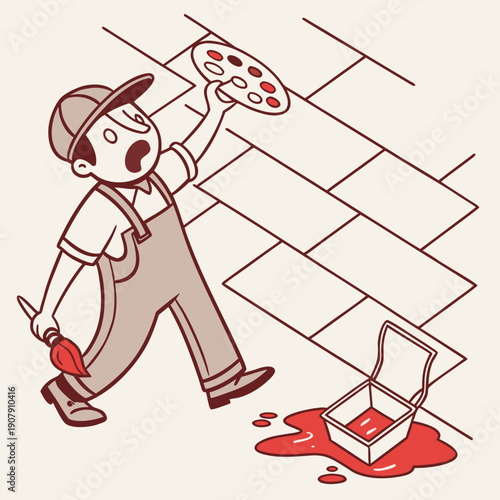Clumsy Cartoon Painter Accidentally Painting the Floor Instead of the Canvas, Humorous Art Studio Mistake.