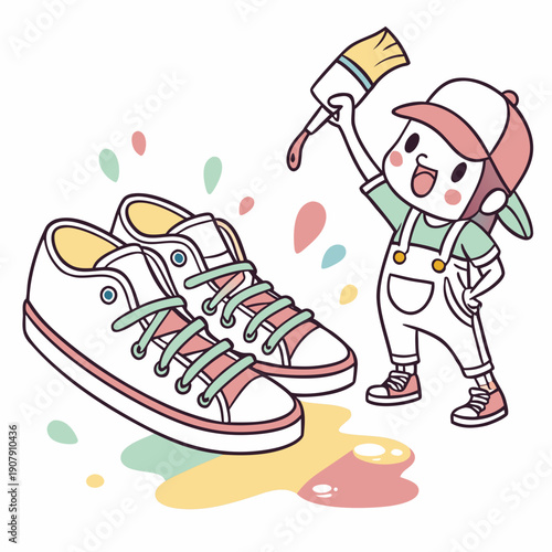 Cute Cartoon Painter Accidentally Dripping Colorful Paint on Their Shoes, Artistic Mess and Creative Fun.