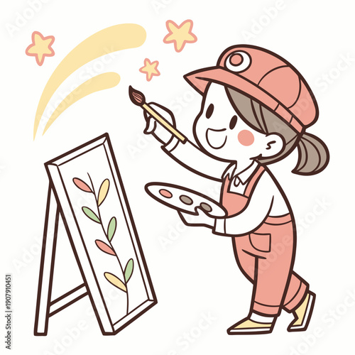 Cute Cartoon Painter Proudly Framing Accidental Brush Marks, Celebrating Artistic Imperfection and Spontaneity.