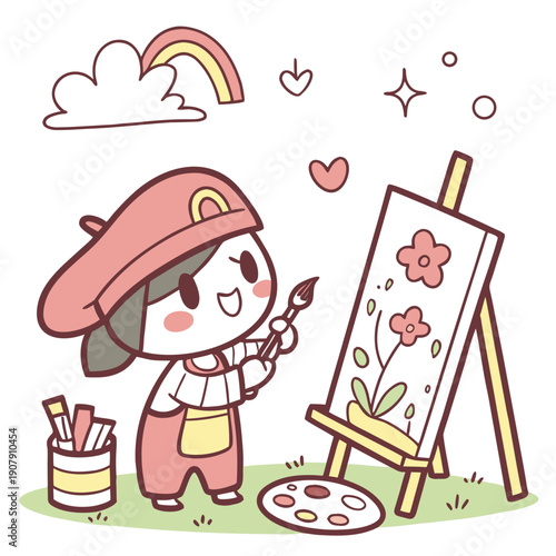 Cute Cartoon Painter Proudly Framing Accidental Brush Marks, Celebrating Artistic Imperfection and Spontaneity.