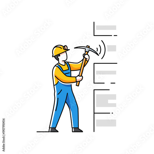 Coal miner extracting minerals with hand pickaxe tool