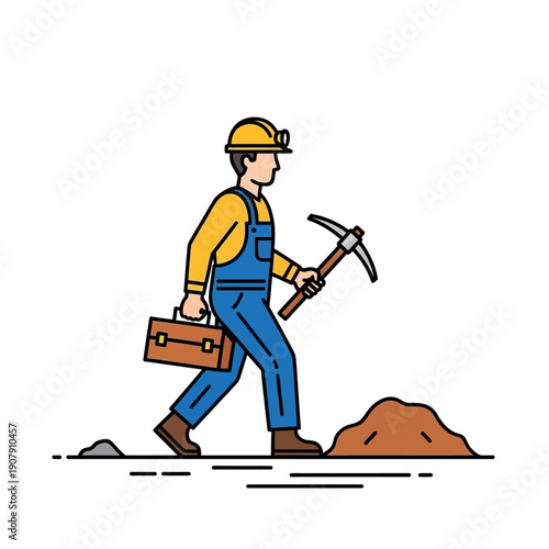 Coal miner carrying pickaxe and toolbox walking to work site