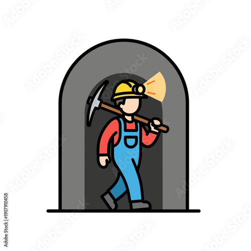 Coal miner with headlamp entering dark mine shaft with pickaxe
