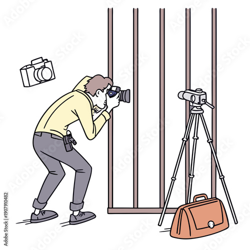 Amusing Photographer Clumsily Tangled in Tripod Legs on a Clean Vector Background, Studio Accident and Problem.