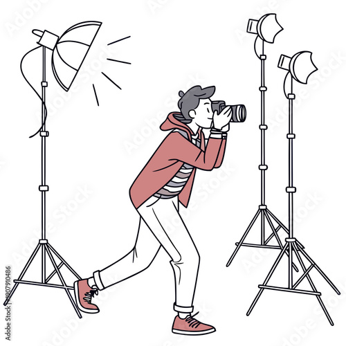 Clumsy Photographer Humorously Tangled in Light Stands on a Clean Vector Background, Studio Mishap and Comedy.