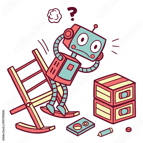 Playful Vector Art of a Robot Comically Assembling Furniture Incorrectly, Illustrating AI Glitches and Humorous Automation Fails.