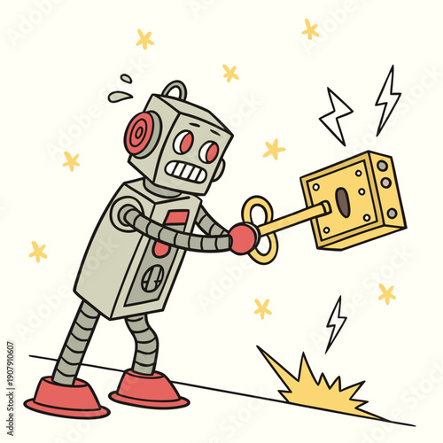 Humorous Vector Illustration of a Robot Incorrectly Charging Itself with an Old-fashioned Wind-up Key, Symbolizing Outdated Solutions.