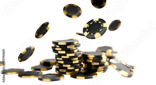 Black and gold poker chips cascading onto and around a stack of similar chips on black