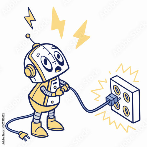 Playful Vector Illustration of a Robot Comically Attempting to Charge Itself with the Wrong Cable, Highlighting Common Tech Frustrations.