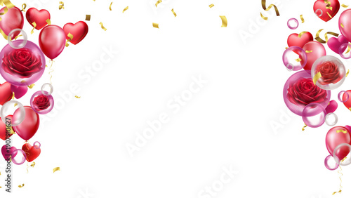 Luxury romantic banner with red heart balloons red roses in clear bubbles and golden streamers perfume and fabric softener advertisement