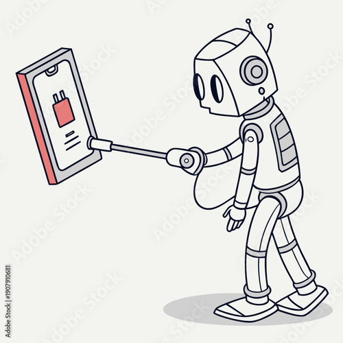 Flat Vector Illustration of a Robot Humorously Charging a Phone Instead of Itself, Depicting Selfless Service or Misplaced Priorities.