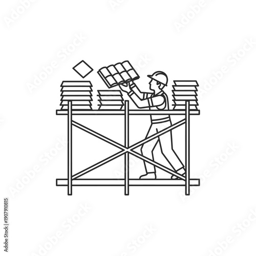 Construction worker organizing roof tiles on scaffolding platform
