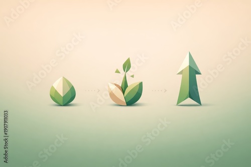 Three simple shapes illustrate the stages of growth from seed to sprout to plant showing a natural development cycle