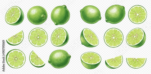Fresh green limes whole and sliced, citrus fruit collection on transparent background.