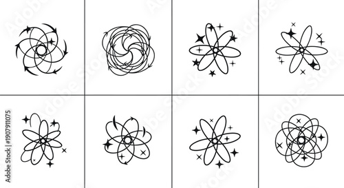 Vector atomic structure icons, science illustrations, educational diagrams, for presentation or website, isolated on transparent background, png