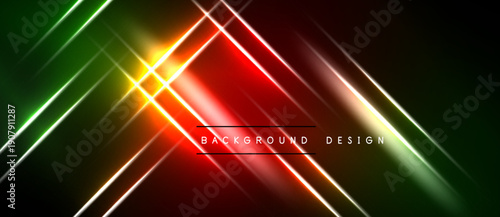 Abstract neon lines intersect, creating vibrant red, green, yellow glow. Dark background emphasizes bright illumination, modern design element.