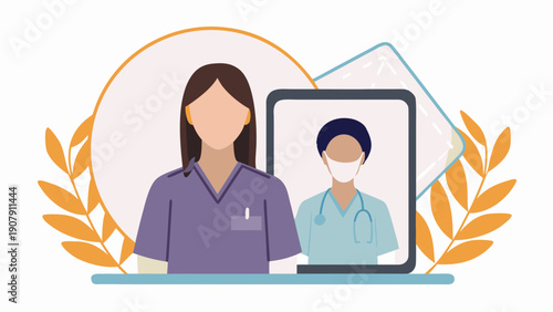 Female healthcare professional with colleague on laptop screen telemedicine concept with orange leaves