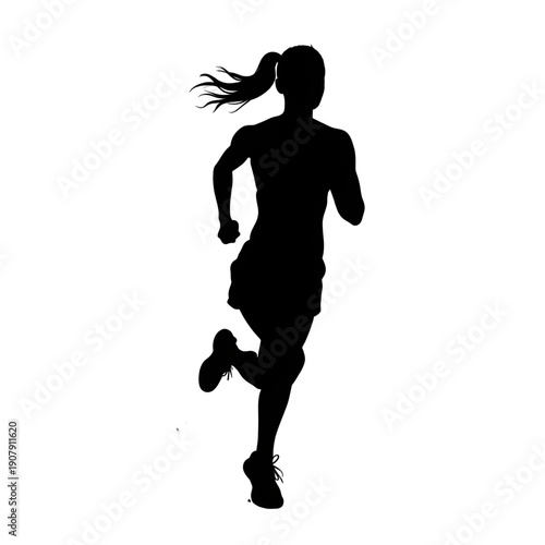 Silhouette of a Runner: A dynamic silhouette captures a female runner in full stride, her hair flowing, and her form exuding determination and speed.
