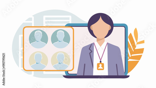 Healthcare professional on laptop with telemedicine interface and patient profiles on screen